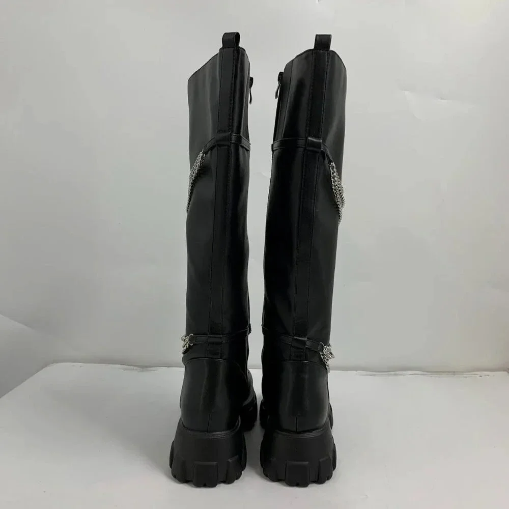 Hot Topic Women’s Black Chains Platform Side Zip Knee-High Boots Size 10 NWOB - Picture 7 of 16